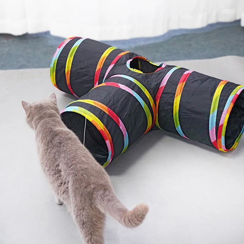 Collapsible Rainbow Cat Tunnel with Drill Hole: Portable & Connectable Play Tent